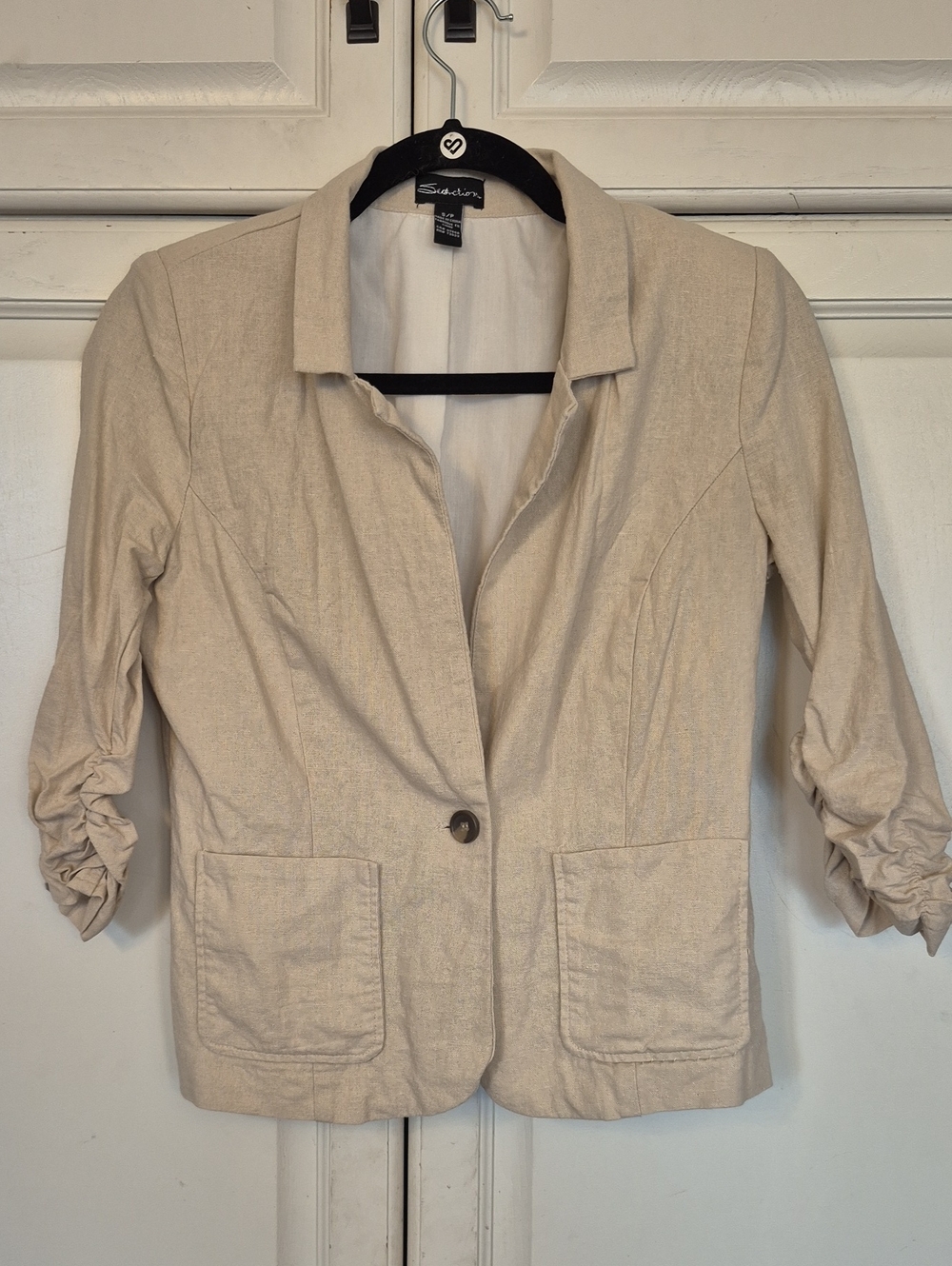 Studio Lightweight Beige Blazer with Ruched Sleeves
